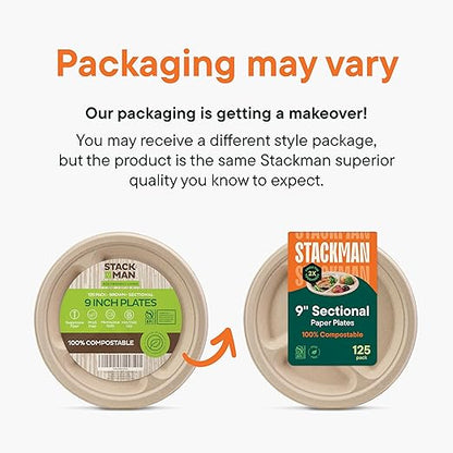 100% Compostable Paper Plates 10 Inch Bulk [500 Count] Heavy-Duty Dinner Plates with Compartments - Natural Brown Color Bagasse - Eco-Friendly Disposable Biodegradable Sugarcane - [Case 4/125 Pack]