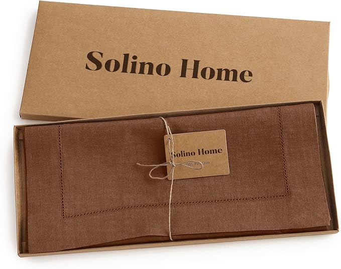 Solino Home 100% Linen Table Runner Brown, Classic Hemstitch 14 x 108 in | - Image 5