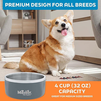 Master Pet Supply Stainless Steel Dog Bowls - 32 oz, Heavy Duty - Graphite, Double Wall Extra-Thick Insulated, Non-Slip Pet Water Bowl for Dogs, Cats & Pets, Anti Rust Metal, Dish Washer Safe