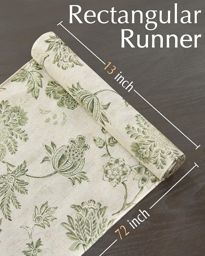 jinchan Sage Green Floral Linen Table Runner 13 x 72 Inch Farmhouse | Relaxed - Image 5