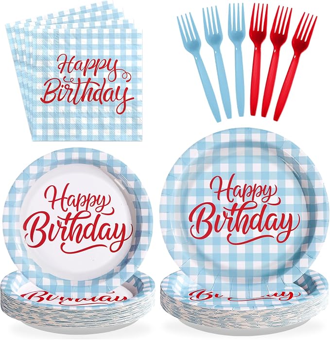 96 Pcs Blue Gingham Birthday Party Decorations, Serves 24 | Blue and White by Greencian