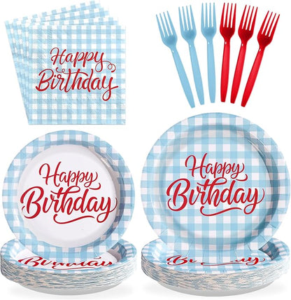 96 Pcs Blue Gingham Birthday Party Decorations, Serves 24 | Blue and White by Greencian