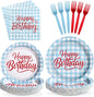 96 Pcs Blue Gingham Birthday Party Decorations, Serves 24 | Blue and White by Greencian