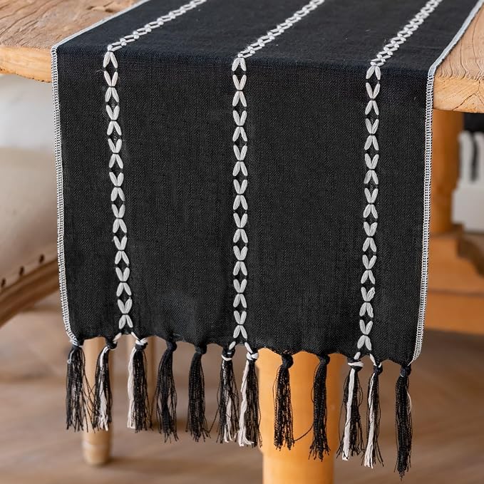Halloween Black Table Runner 48 Inches Long, Fall Black Embroidered Striped - Image 4