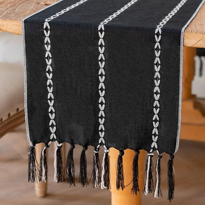 Halloween Black Table Runner 48 Inches Long, Fall Black Embroidered Striped - Image 4
