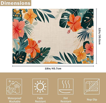 Placemats Set of 6 Tropical Floral Orange Flowers Place Mats Washable Kitchen Dining Linen Table Mats Stain Heat, for Home Party Indoor 12x18 in