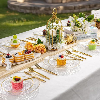 DaYammi 240Pcs Gold Plastic Plates Including 120Pcs Dessert Plates and 120Pcs Cake Forks,Hammered Party Plate,Clear Gold Appetizer plates Heavy duty Disposable Plastic Plate for Party Wedding Birthday