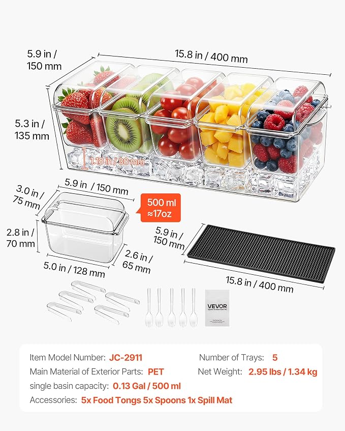 VEVOR Chilled Condiment Server Caddy, 5 Compartment Ice Cooled Serving Container - Image 7