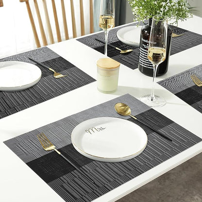 HeloHo Black Grey Stripe Placemats Set of 8, Heat-Resistant Washable Placemats Non-Slip Vinyl Woven Table Mats Wipeable Placemat for Kitchen Dining Table Decoration Indoor Outdoor