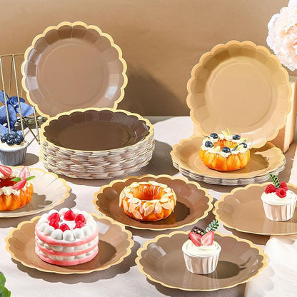 96 Pcs Brown Paper Plates 9 Inch Gradient Brown Scalloped Paper Disposable Dinner Dessert Plates for Birthday Wedding Bridal Party Supplies, 6 Colors