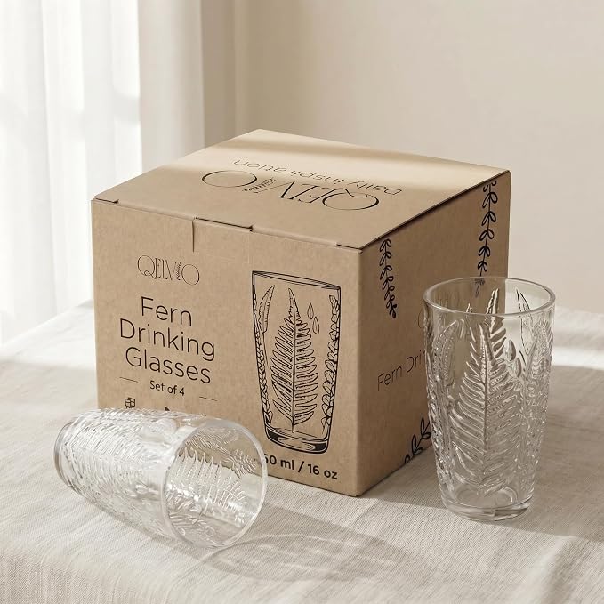 Clear Drinking Glasses Set of 4, 16 oz Glass Cups, Vintage Fern Glassware | - Image 4