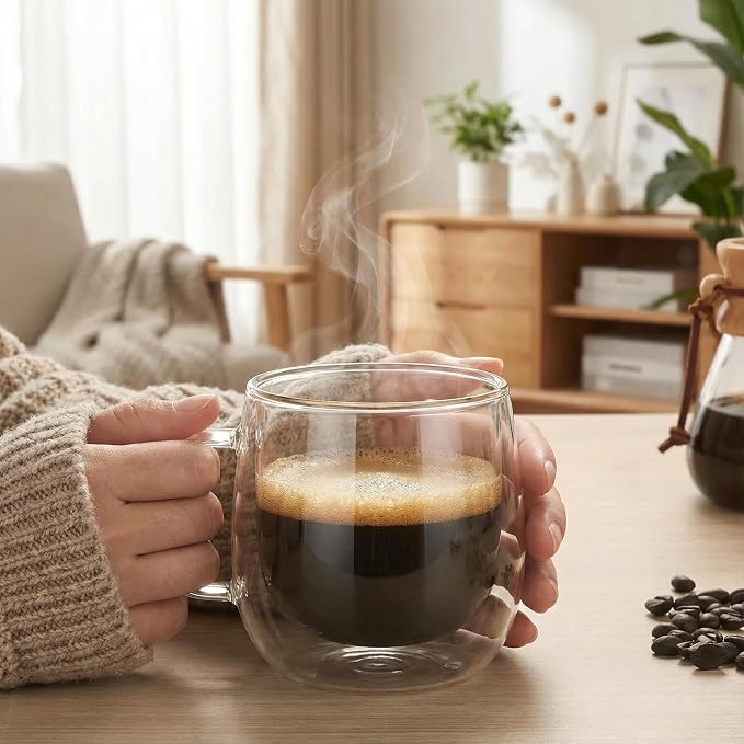 10oz Double Walled Glass Coffee Mugs Set of 2, Borosilicate Glass Cup, Heat & - Image 6