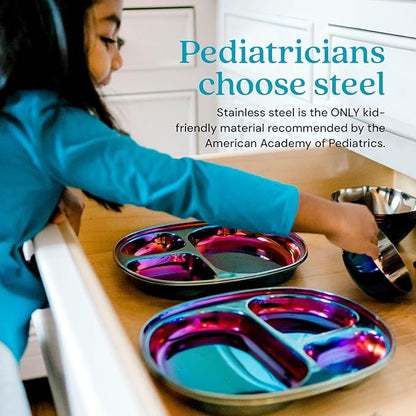 Ahimsa Stainless Steel Plates For Kids, Pediatrician Designed Divided Plates for Toddlers & Baby, Non Toxic, Unbreakable & Dishwasher Safe, Iridescent Blue Set of 4