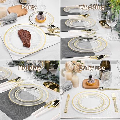 200PCS Clear Plastic Plates with Gold Rim, Disposable Heavy Duty Plastic Plate, 100 Dinner and 100 Dessert Plates for Party and Wedding