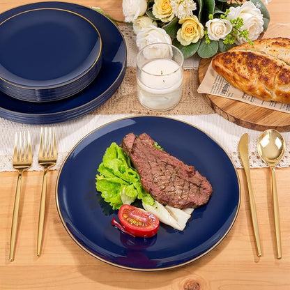 PULOTE 200 Pieces Blue Plastic Plates - Navy Blue and Gold Disposable - Include 100PCS 10 inch Dinner & 100PCS 7 inch Dessert Plate for Party & Hanukkah