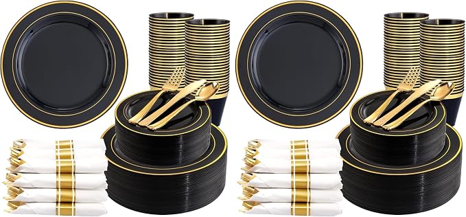 350 Pieces Black and Gold Plastic Plates by WDF