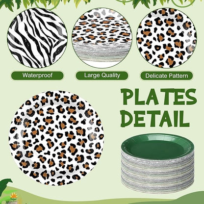 60 Pcs 7 Inch Jungle Safari Paper Plates Forest Animal Plates Decorations Sage Green Brown Dessert Dish Disposable Tableware for Woodland Baby Shower Birthday Safari Themed Party Supplies