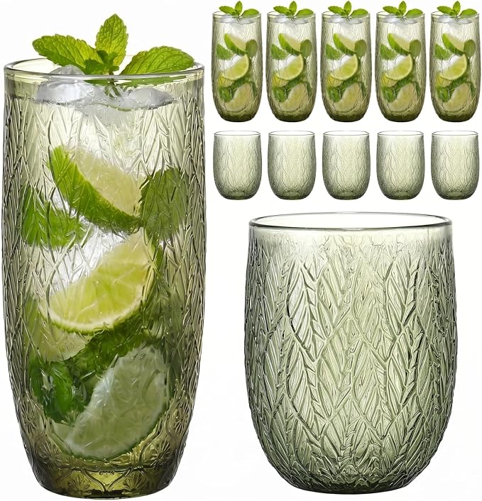Green Drinking Glasses Set of 12, 12 Oz Highball & 10 Oz Cocktail Glasses by FERAHI