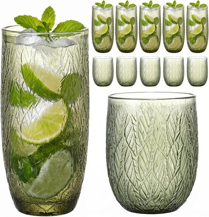Green Drinking Glasses Set of 12, 12 Oz Highball & 10 Oz Cocktail Glasses by FERAHI