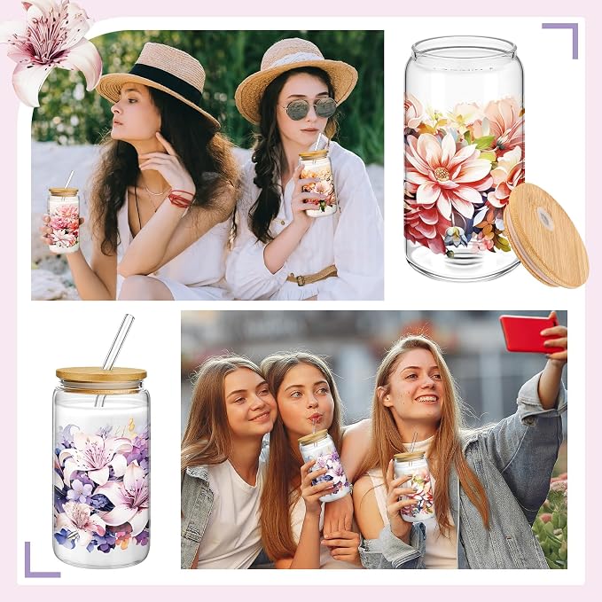 Mumufy 4 Pack Wildflower Glass Cups Gift Aesthetic Cute Glass Cup Tumbler - Image 7