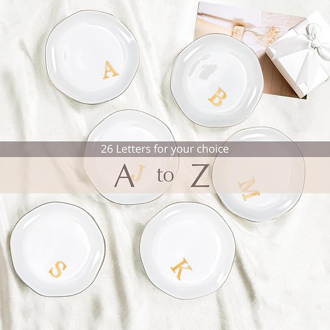ProCase Ceramic Jewelry Tray, Initial Ring Dish Trinket Plate Engagement Gift, Small Personalized Monogram Ring Bowl for Wedding, White Decorative Jewelry Holder for Women Vanity -Letter N