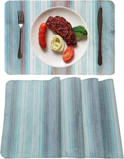 Green Stripes Table Cloth Set - Placemats Set of 4 & 6, Washable Textile Mats 12"x18"