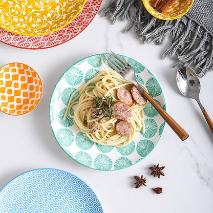 Selamica 8 inch Porcelain Dinner Plates, Large Size Serving Plate for Salad, Pancakes, Steak, Set of 6, Assorted Colors