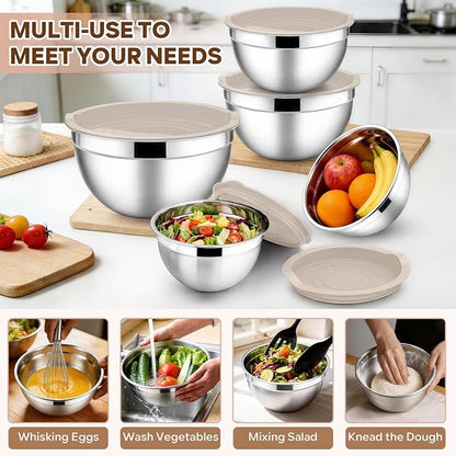 E-far Mixing Bowls With Lids Sets of 5, 10-Piece Stainless Steel Salad Metal - Image 5