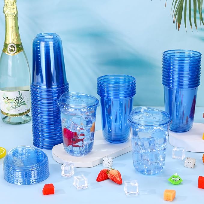 KesaPlan 50 Pack 16 oz Blue Round Bottom Plastic Party Cups - Image 3