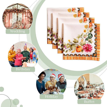 Maison d' Hermine Cloth Napkins Set of 4 100% Cotton for Thanksgiving Christmas Decorations Everyday Reusable Square Fall Napkins Cloth Washable Dinner Party (Pumpkin Garden - Cloudy Cream, 20"x20")