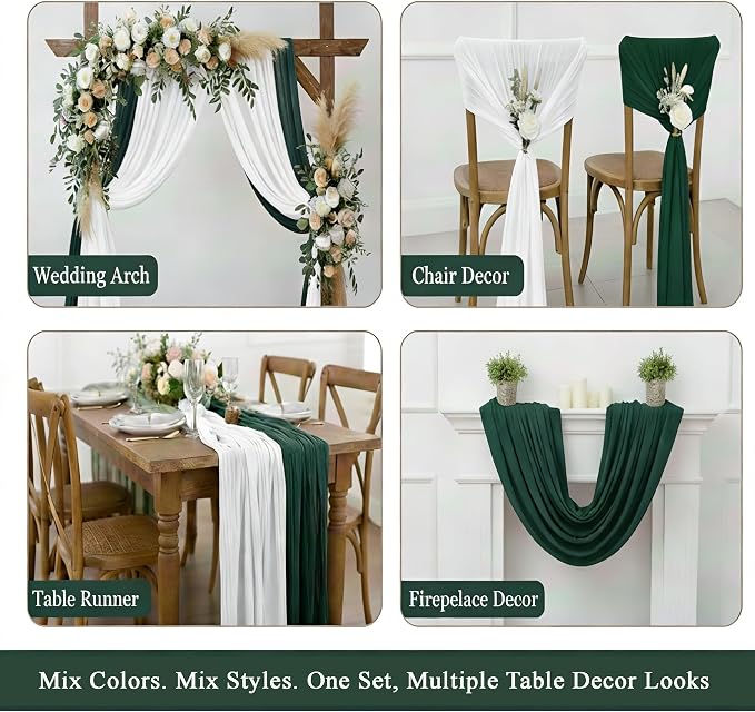 Cheesecloth Table Runner 2 Pack White and Dark Green, Boho Gauze Table Runner - Image 7