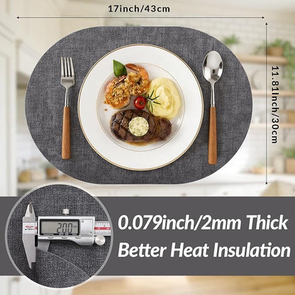 Placemats Set of 6, 11.8 x 17 Inch, Dark Grey | Heat Resistant Oval Faux - Image 3