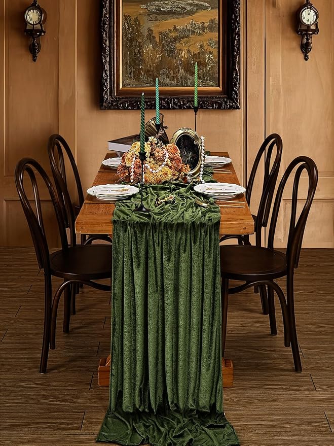 Olive Green Velvet Table Runner 29x120 Inch 10ft Long Soft Velvet Fabric | 5 - Image 4