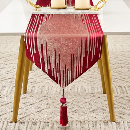 Luxury Red Gold Table Runner 72 Inches Long, Modern Abstract Geometric | Faux - Image 2