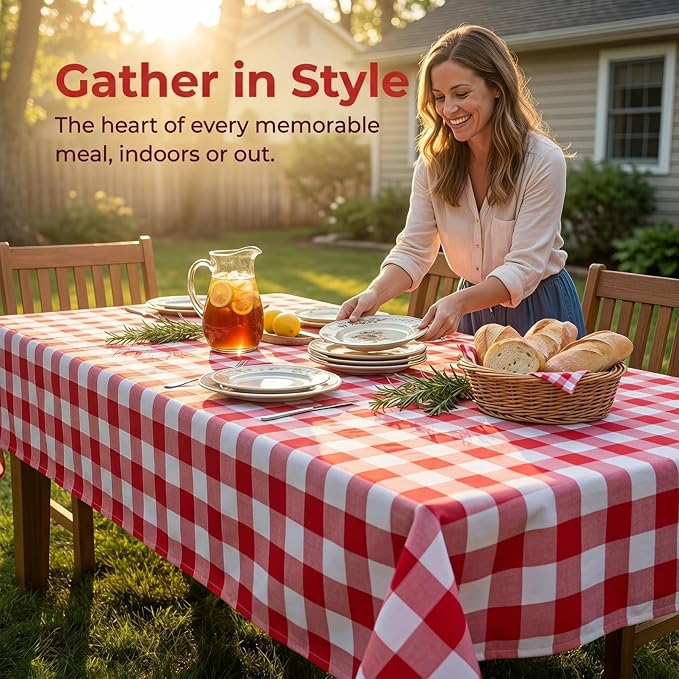 ShinyBeauty 60"x120" Red and White Rectangle Tablecloth Checkered Gingham | Red - Image 2