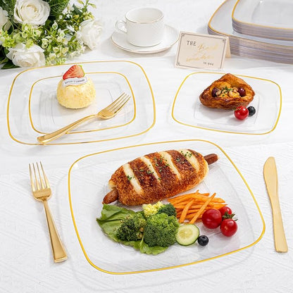 bUCLA 50PCS Clear Plastic Plates with Gold Trim - Heavy Duty Clear Gold Square Plates Disposable - Include 25 Each (Dinner & Dessert) for Party & Wedding