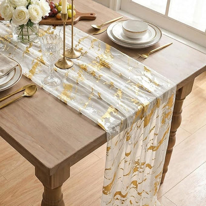 Artoid Mode Marble Pattern Beige Gauze Table Runner 10FT, Glitter Metallic Foil - Image 4