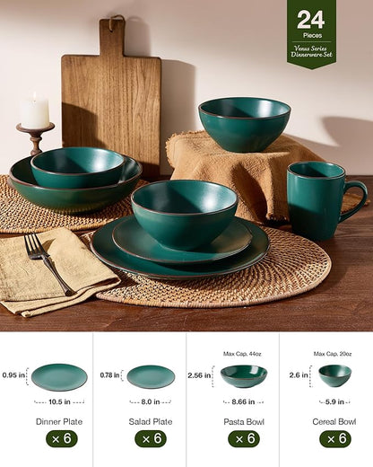 Famiware Venus Speckled Dinnerware Set with Pasta Bowls, Service for 6 (24 Pieces), Stoneware Plates and Double Bowls Sets, Microwave & Dishwasher-Safe Dishes with Trim, Matte Dark Green