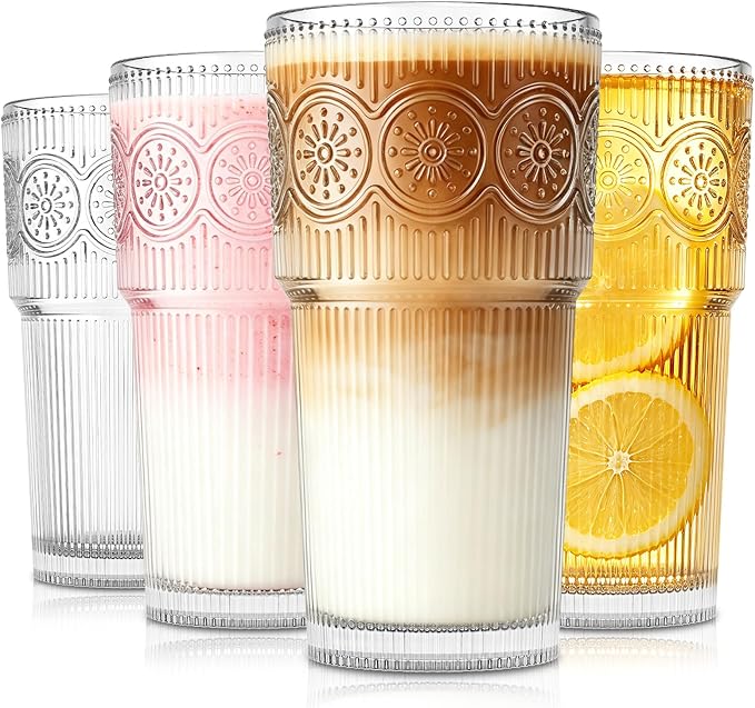 SoulTimes 20oz Drinking Glasses Set of 4, Large Thick Glass Cups Vintage by SoulTimes