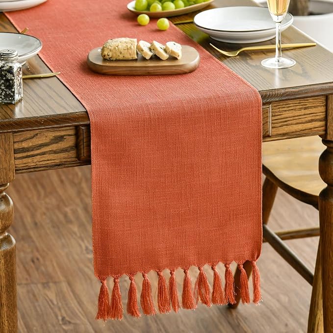 Artoid Mode Terracotta Orange Tassel Table Runner, Fall Linen Blend Rustic by ArtoidMode
