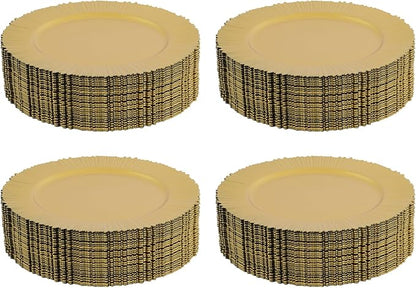 Charger Plates, 100pcs Floral Gold 13inch Plastic Dinner Plate, Round Plastic Dinner Plate with Delicate Texture for Parties Wedding (Floral Gold)