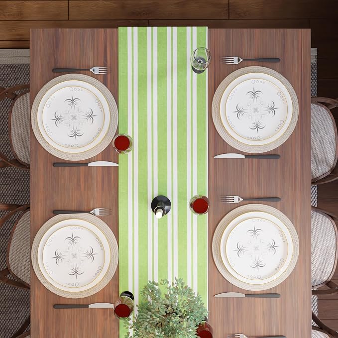 Encasa XO Table Runner, Woven Cotton Dining Runner 13"x94" Franca Lime Stripes - Image 5