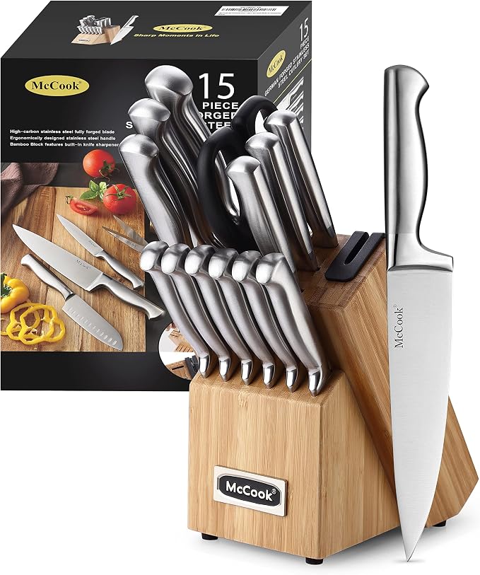 McCook Knife Set Kitchen Steel Knife Block Set w Built-in Sharpener | German by McCook