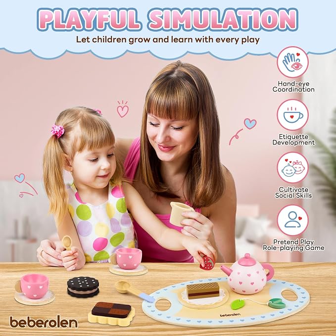 Wooden Tea Set for Little Girls Birthday Gift 3 4 5 Year Old Princess Toys | - Image 6