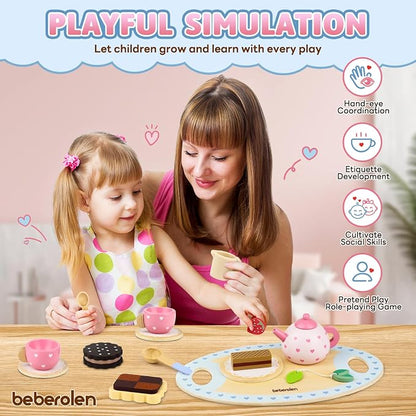 Wooden Tea Set for Little Girls Birthday Gift 3 4 5 Year Old Princess Toys | - Image 6