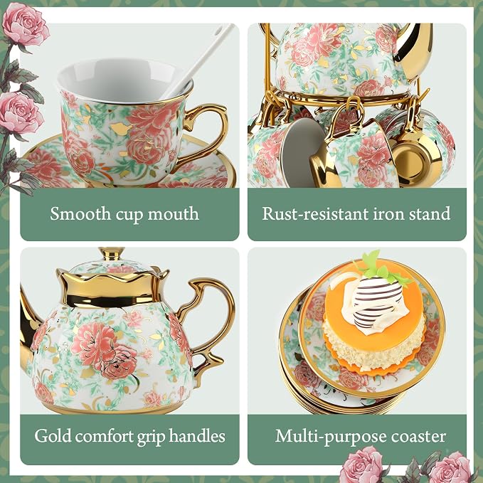 20 Pcs Porcelain Tea Set with Metal Holder, Adult Tea Set Gift, European - Image 6