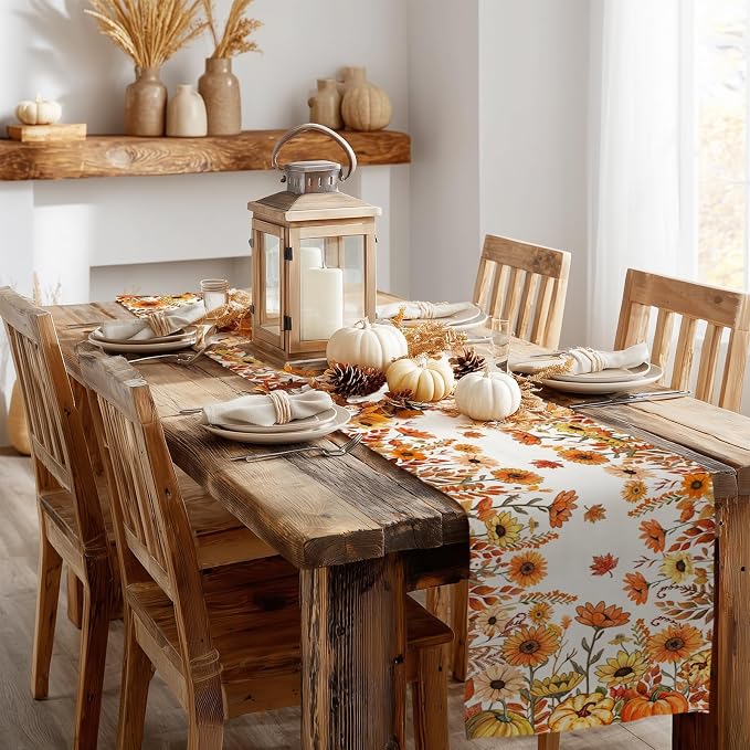 Fall Pumpkins and Sunflowers Table Runner 13x72 Inch, Maple Leaves Farmhouse - Image 9