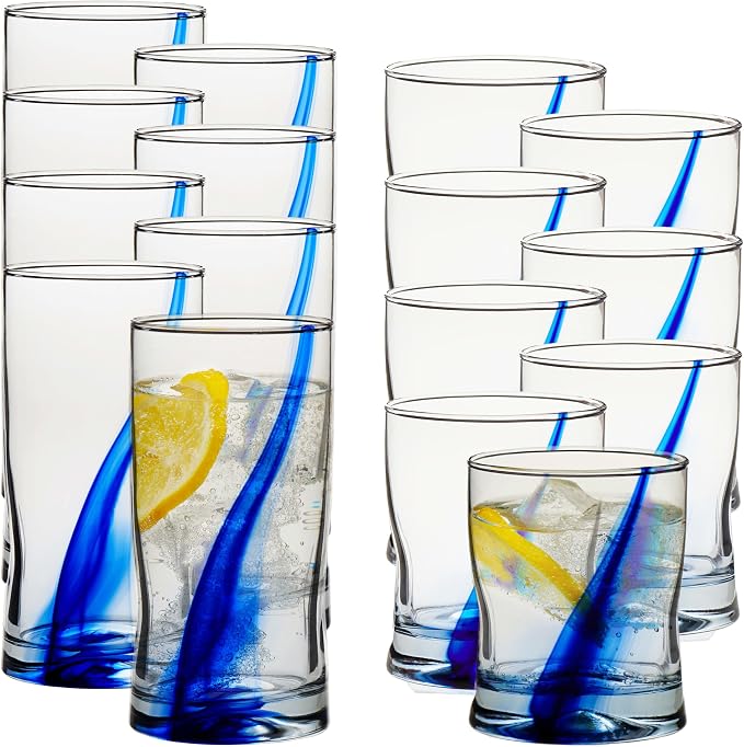 Blue Ribbon Tumbler & Rocks Drinking Glasses Set of 16, Dimpled Cups | 16.75 oz by Libbey