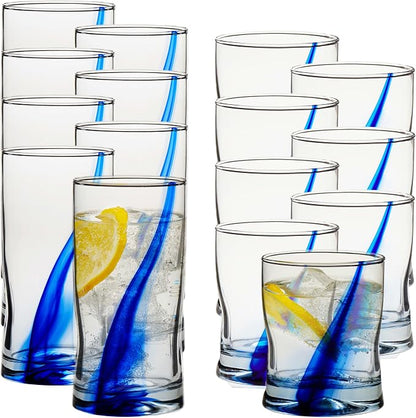 Blue Ribbon Tumbler & Rocks Drinking Glasses Set of 16, Dimpled Cups | 16.75 oz by Libbey