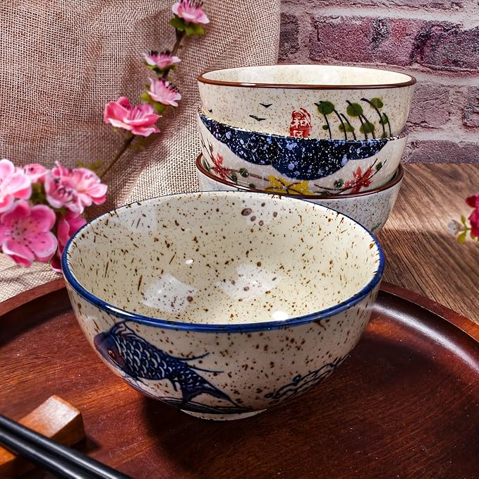 Japanese Retro Rice Bowls Set of 4 Hand-Painted Floral Design Ceramic Soup - Image 4
